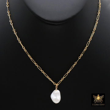 14K Gold Filled Pearl Chain Link Necklace, Long Short Gold Dainty Chain With Large Baroque Pearl, Wire Wrapped Charm Necklace